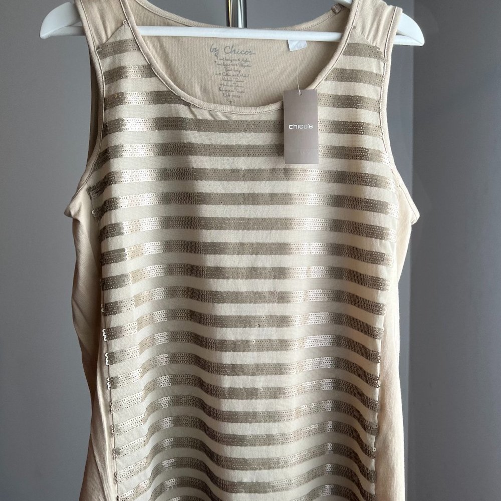 Chico's Size 2 Tan Sequin Stripe Tank - NWT